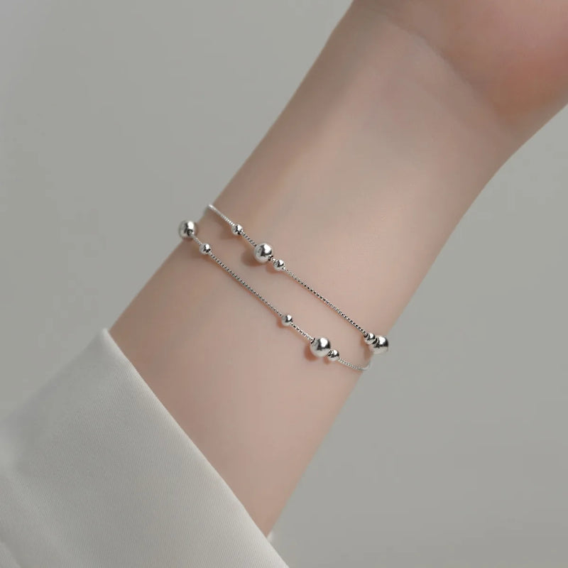 925 Silver Double Layered Beads Bracelet Box Chain Hypoallergenic Jewelry