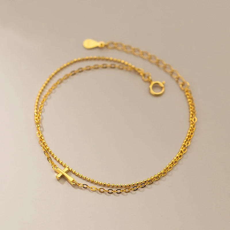 Real 925 Sterling Silver Double Layered Cross Bracelets Gold-tone Chain