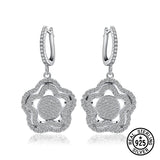 925 Silver CZ Flower Dangle Earrings For Women