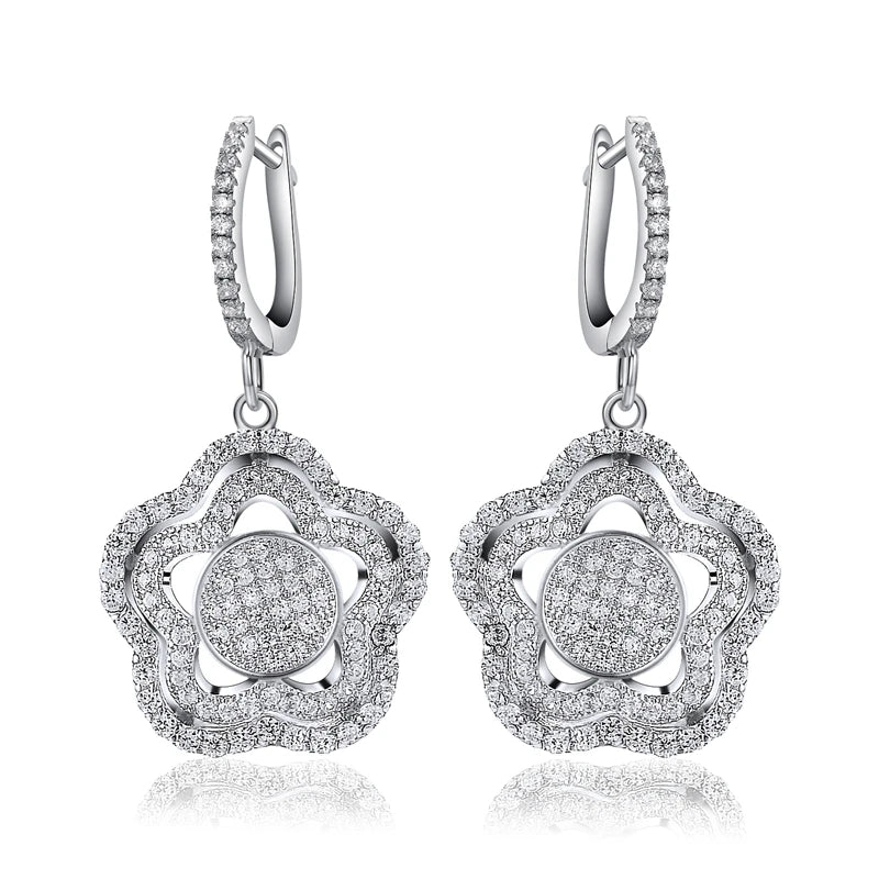 925 Silver CZ Flower Dangle Earrings For Women
