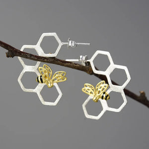 925 Sterling Silver Bee & Honeycomb Drop Earrings