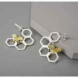 925 Sterling Silver Bee & Honeycomb Drop Earrings