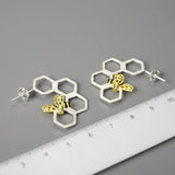 925 Sterling Silver Bee & Honeycomb Drop Earrings