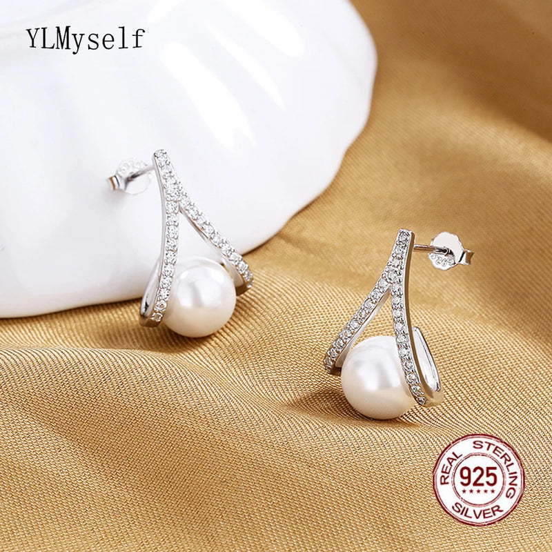 Shell Pearl & Zircon Triangle Shape Earrings