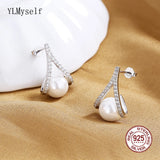 Shell Pearl & Zircon Triangle Shape Earrings