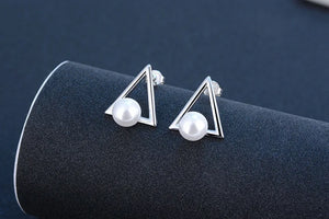 925 Silver Triangle Pearl Stud Earrings Wedding Jewelry
