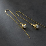 925 Sterling Silver Orchid & Pearl Drop Earrings Gold Threader