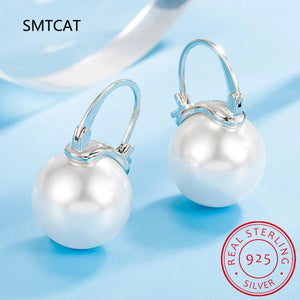 925 Silver European Shell Pearl Hoop Earrings Women Drop Party Accessory