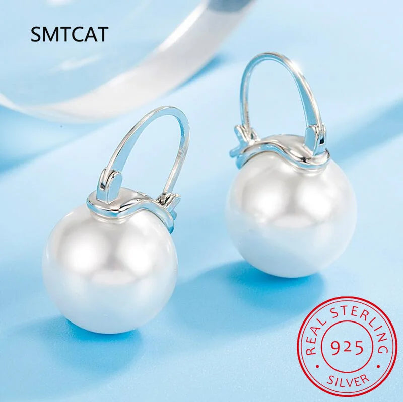 925 Silver European Shell Pearl Hoop Earrings Women Drop Party Accessory
