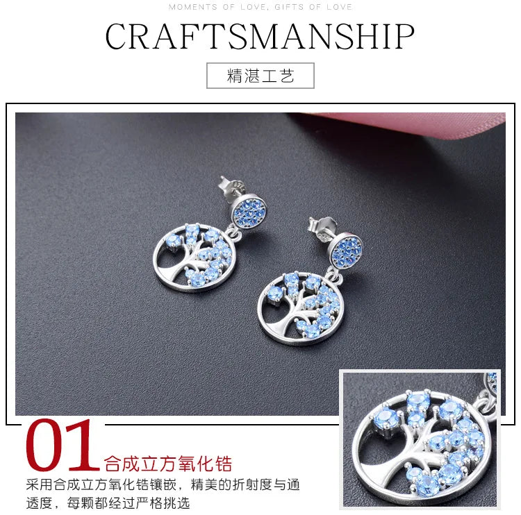 925 Silver Family Tree CZ Drop Earrings Women Dangle Jewelry Brincos