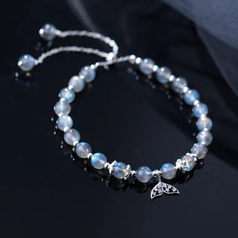 925 Sterling Silver Moonstone Wrist Bracelet with Mermaid Charms