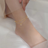 925 Silver Zircon Circle Drop Anklets Double Layered Chain Foot Chains