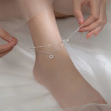 925 Silver Zircon Circle Drop Anklets Double Layered Chain Foot Chains