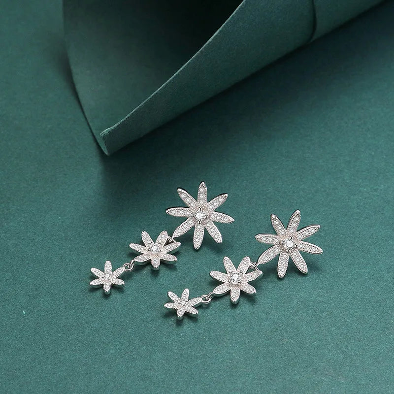 925 Silver Flowers Zircon Drop Earrings Fine Jewelry for Women