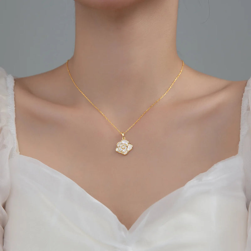 925 Silver Camellia Pearl Pendant Necklace for Women Wedding