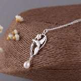 925 Silver Freshwater Pearl Necklace Ethnic Vine Flower Bird Pendant