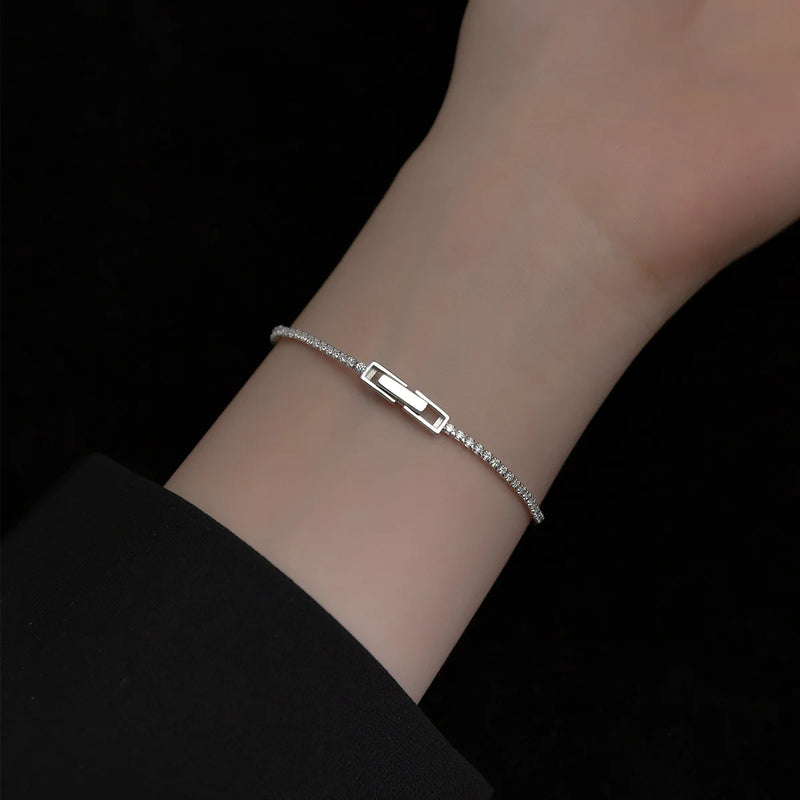 925 Silver Zircon Bracelet Geometric Clasp Chain Hypoallergenic Jewelry