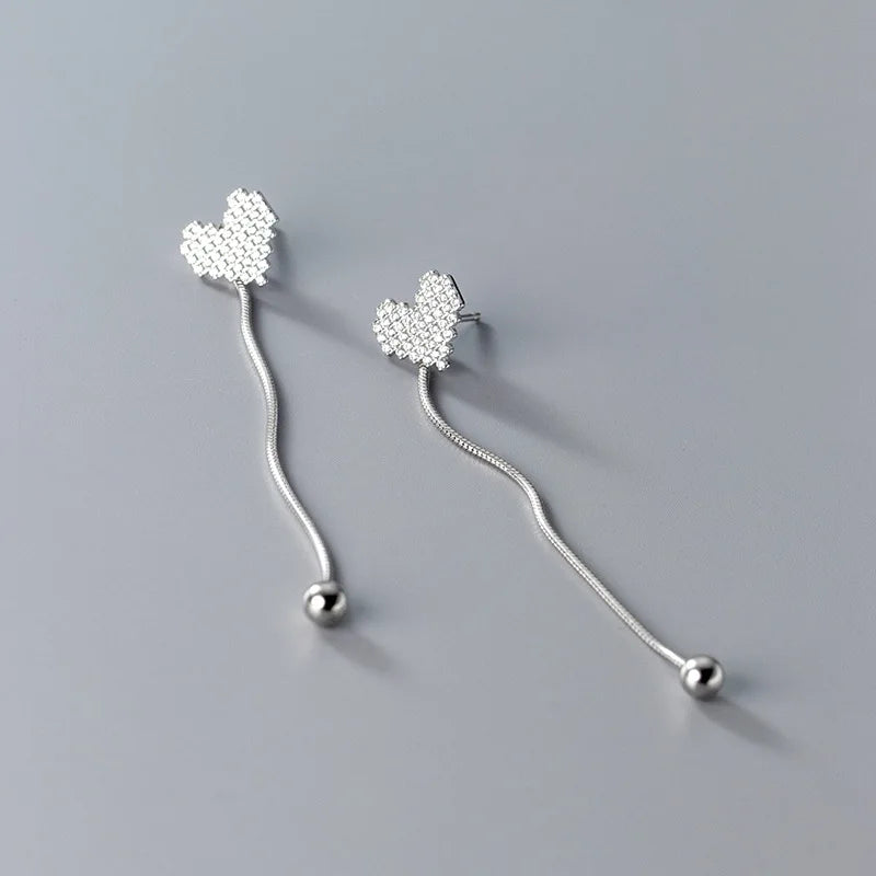 925 Silver Zircon Heart Tassel Drop Earrings - Hypoallergenic