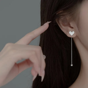 925 Silver Zircon Heart Tassel Drop Earrings - Hypoallergenic