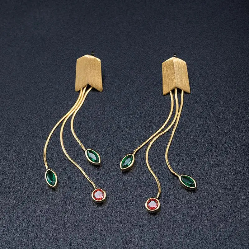 925 Silver Garnet Green Spinel Drop Earrings 18k Plating Tassels Earings