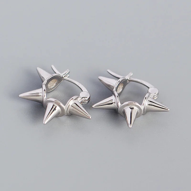 925 Silver Spike Hoop Earrings Geometric Design Hip Hop Rock Unisex Ear Jewelry