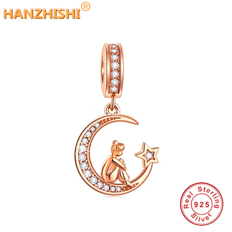 925 Silver Girl on Moon Star Charms Bead for Bracelet Necklace Gift
