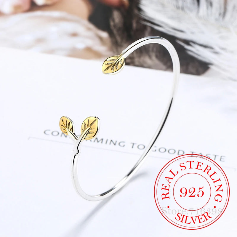 925 Silver Leaf Charm Bracelet for Women Adjustable Cuff Bangle