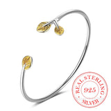 925 Silver Leaf Charm Bracelet for Women Adjustable Cuff Bangle