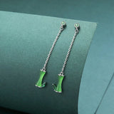925 Sterling Silver Green Bamboo Long Drop Earrings Hypoallergenic Jewelry