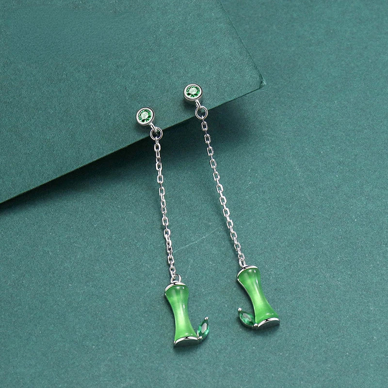 925 Sterling Silver Green Bamboo Long Drop Earrings Hypoallergenic Jewelry