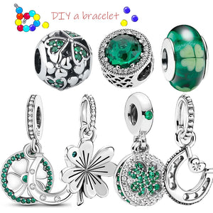 925 Silver Green CZ Lucky Clover & Horseshoe Dangle Charm Bracelet Necklace