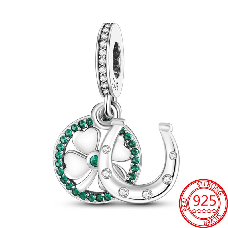 925 Silver Green CZ Lucky Clover & Horseshoe Dangle Charm Bracelet Necklace