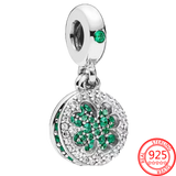 925 Silver Green CZ Lucky Clover & Horseshoe Dangle Charm Bracelet Necklace