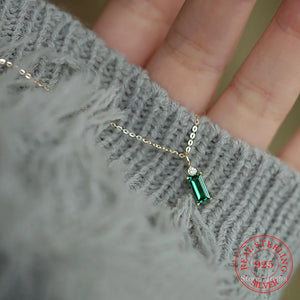 925 Silver Green Crystal Rectangle Pendant Necklace 14K Plated Jewelry