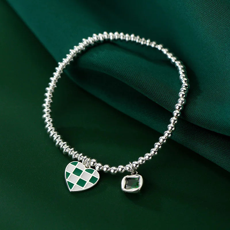 925 Sterling Silver Heart Beads Green CZ Bracelet Women Jewelry