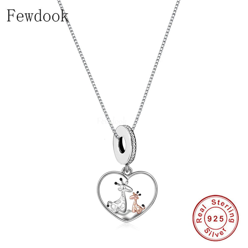 925 Silver Heart Mom Baby Giraffe Pendant Necklace