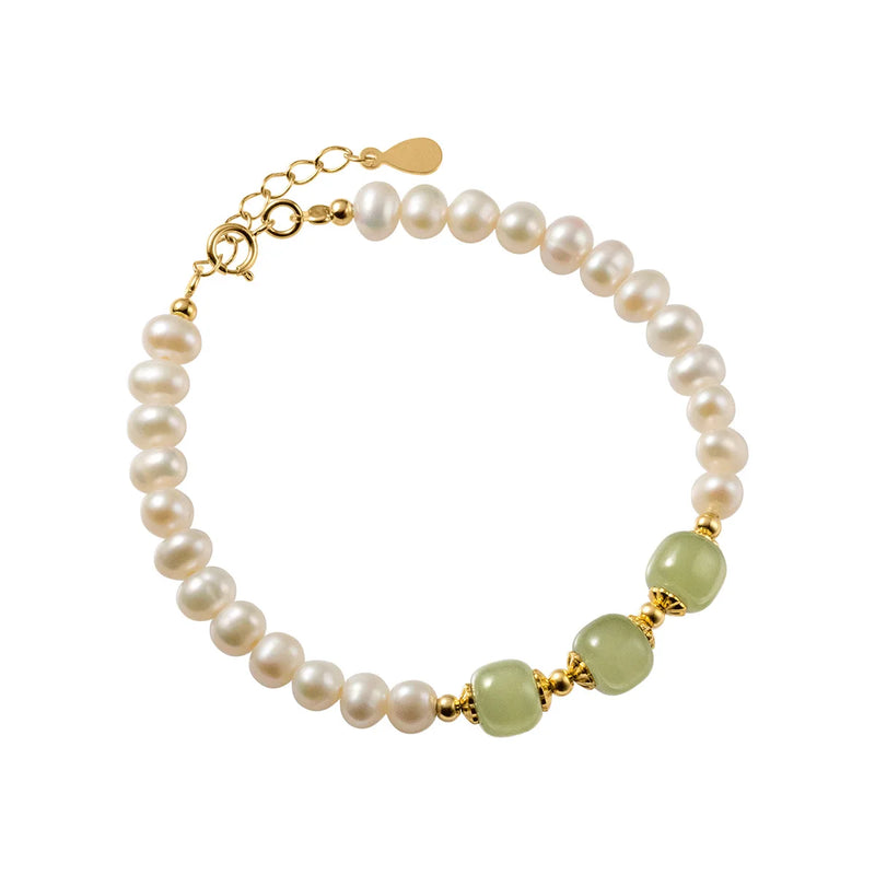 925 Silver Hetian Jade Pearl Retro Bracelet Women Gift