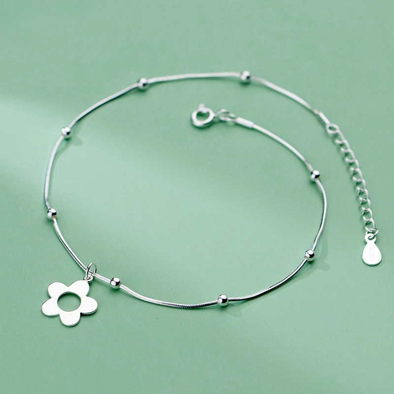 925 Sterling Silver Hollow Flower Anklet Snake Chain Ankle Bracelet