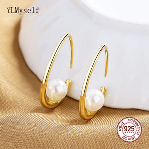 925 Sterling Silver Hook Earrings with 7mm Shell Pearl Gold Plating