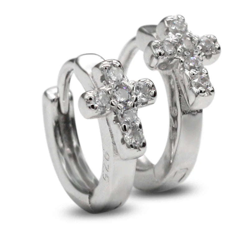 925 Silver Hopp Earrings CZ Round Geometric Cross Earrings Fine Gift