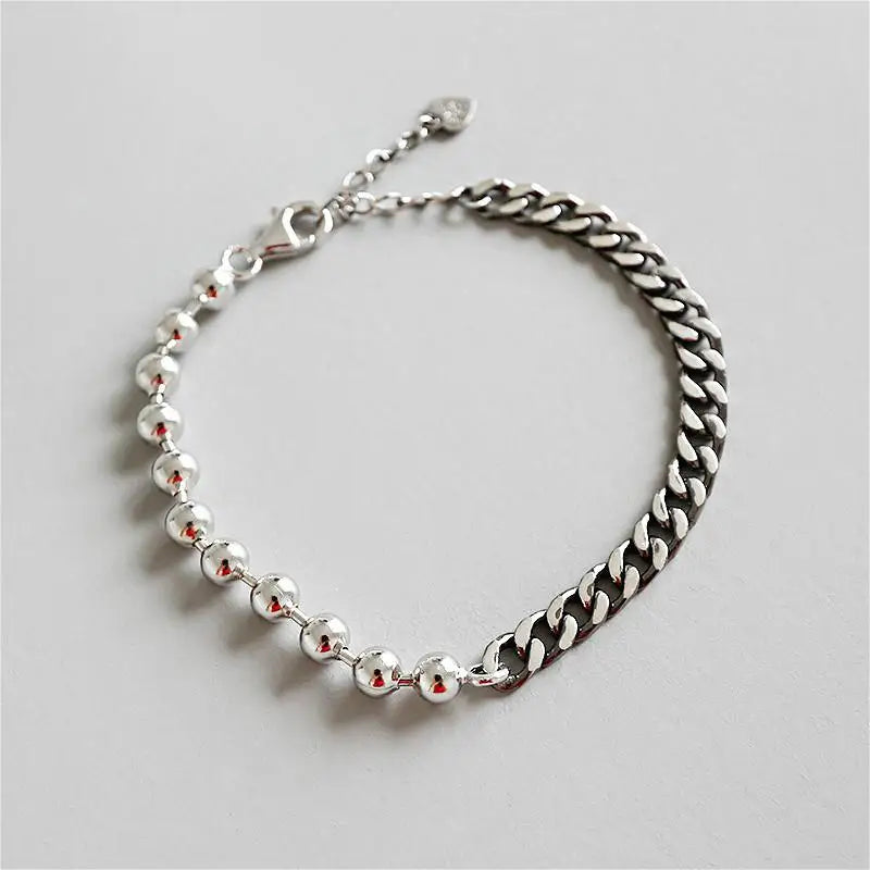 925 Sterling Silver Asymmetric Bead Chain Bracelet Vintage Style