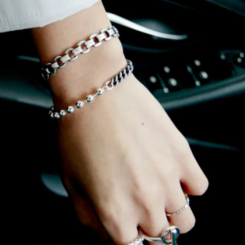 925 Sterling Silver Asymmetric Bead Chain Bracelet Vintage Style