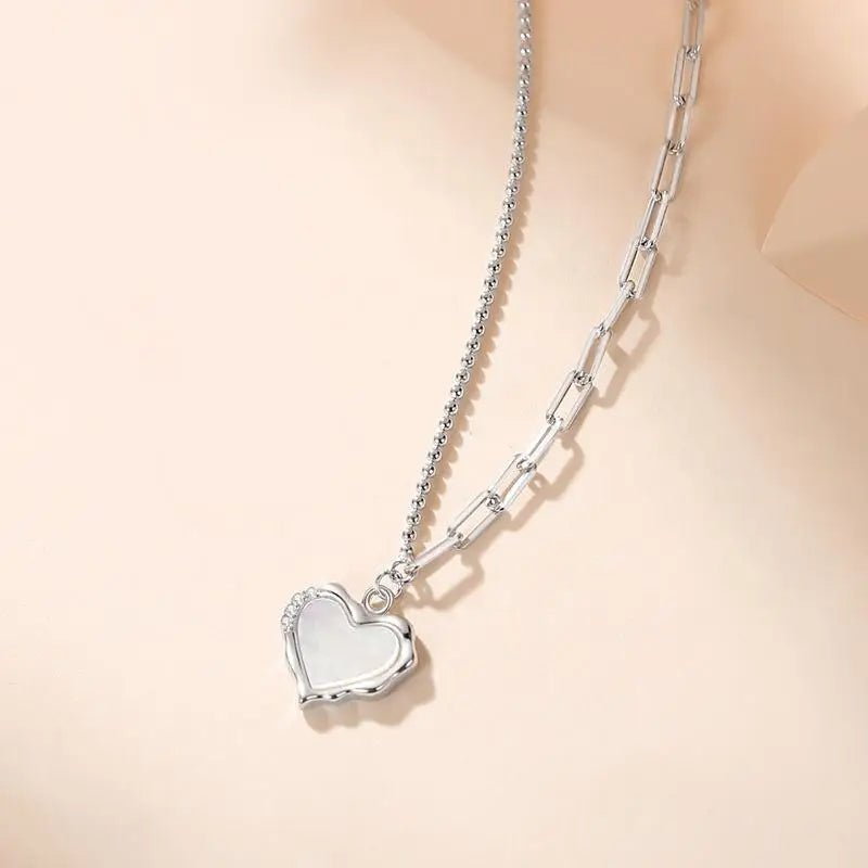 925 Silver Asymmetric Chain Shell Heart Necklace Women Rose Plating