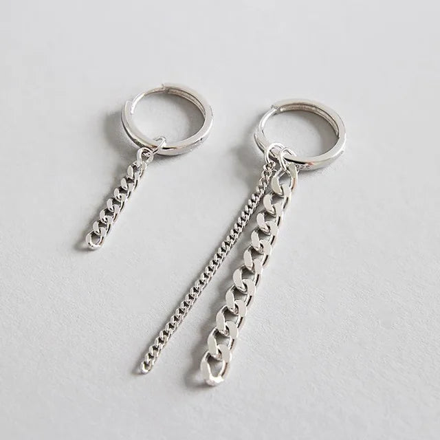 925 Silver Asymmetric Chain Tassel Dangle Earrings Femme Party Accessories