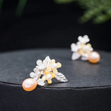 925 Silver Asymmetric Freshwater Pearls Osmanthus Flowers Stud Earrings
