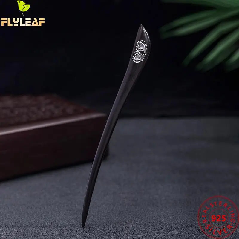 925 Silver Auspicious Clouds Ebony Hair Sticks Vintage Hanfu Hairpin
