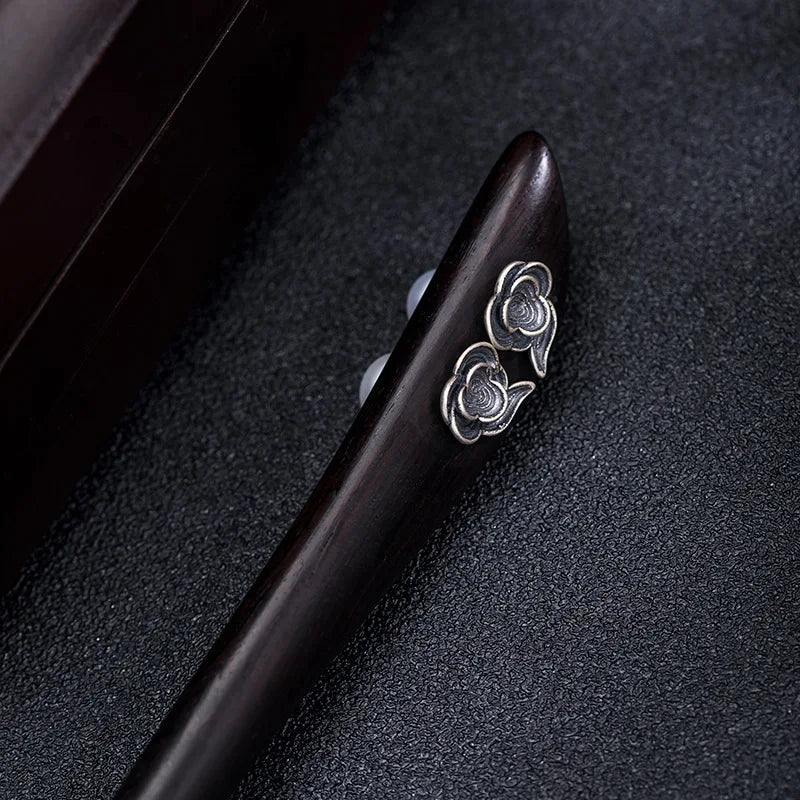 925 Silver Auspicious Clouds Ebony Hair Sticks Vintage Hanfu Hairpin