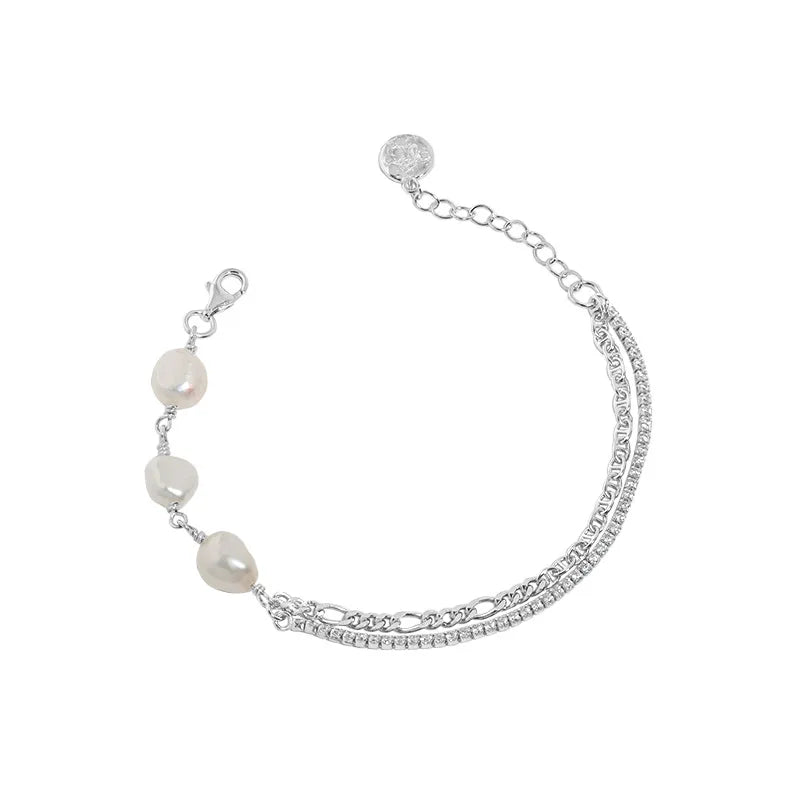 925 Silver Baroque Pearl Zircon Bracelet Women's Jewelry