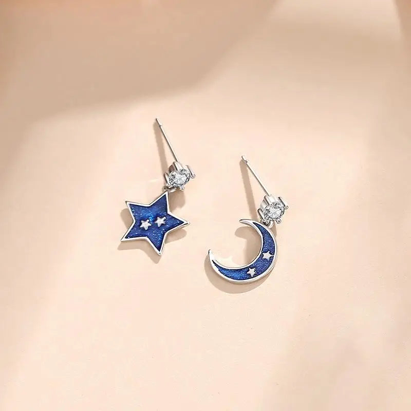 925 Silver Star Moon Stud Earrings Women Accessories