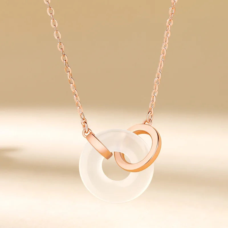 925 Silver Chalcedony Double Circle Pendant Necklace Rose Plating